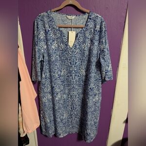 90. NWT Tendency Blue White Floral Short Sleeve Maxi Dress Pockets XXL 16 18